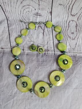 Pea Green Round Shell Necklace Chime round statement Piece Matching Earrings